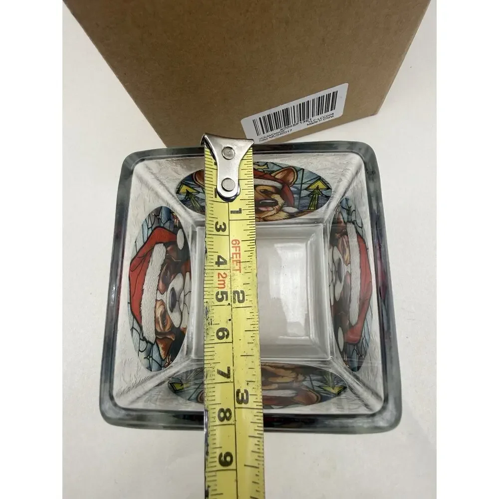 Stained Glass Styled Square Tealight Holder- Christmas Hat Dog, Real Glass Cup..